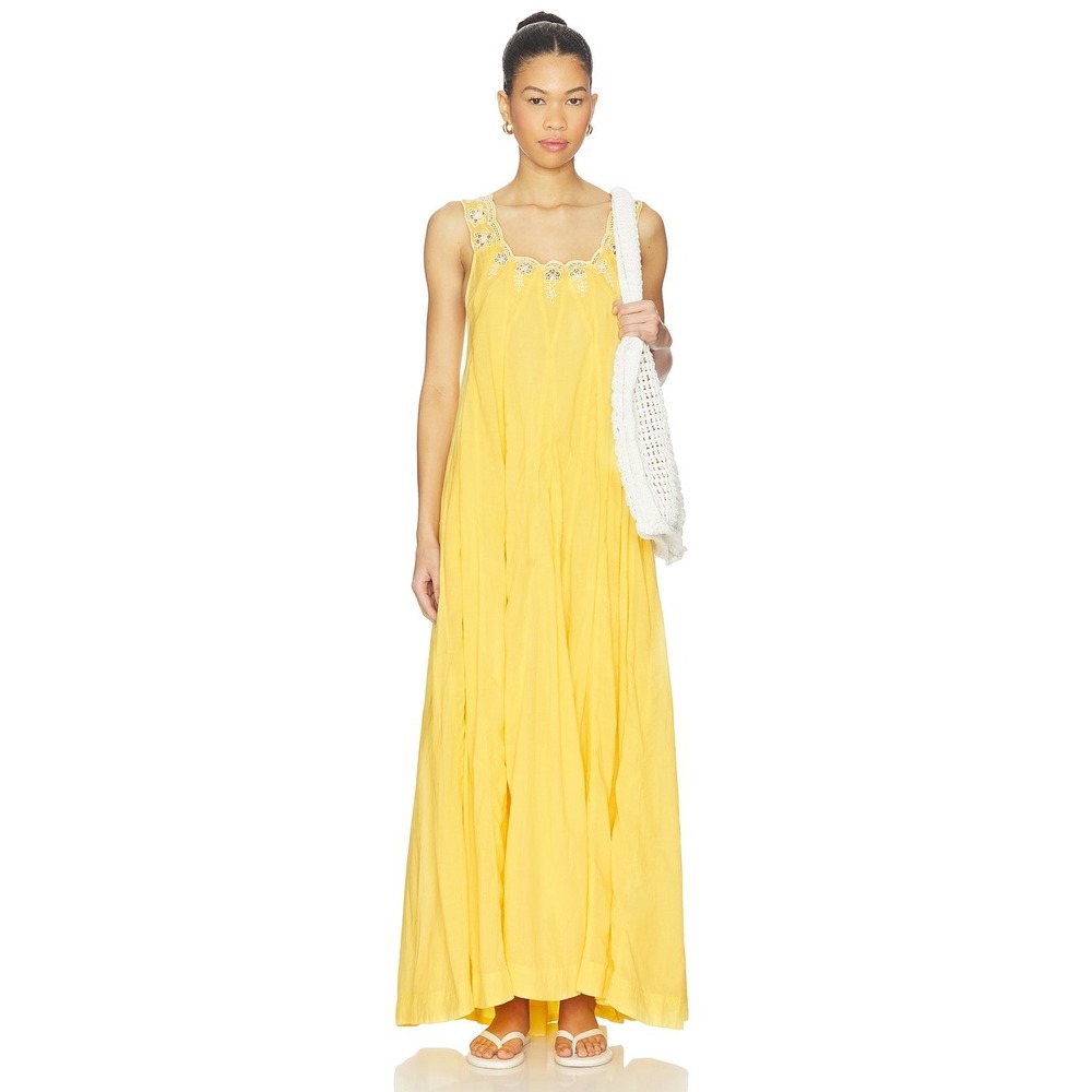 Free People To The Moon Maxi Dress Womens Small Yellow Crochet Boho OB2441454